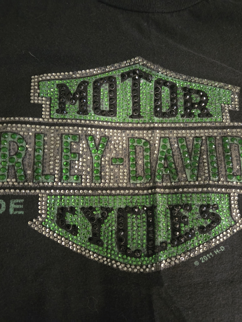 Harley-Davidson Black Short Sleeve Tee with Green and Silver Bling